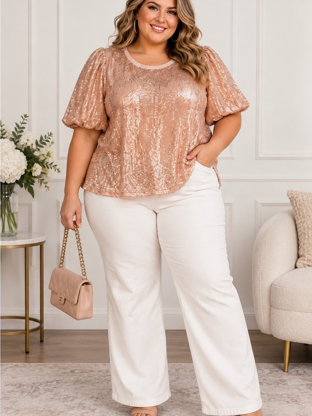 & Other Stories Wide Leg Pants in Cream with Rose Gold Sequin Top